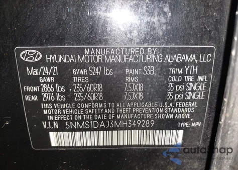 2021 Hyundai Santa Fe Se из США, поврежденный, VIN 5NMS1DAJ3MH349289